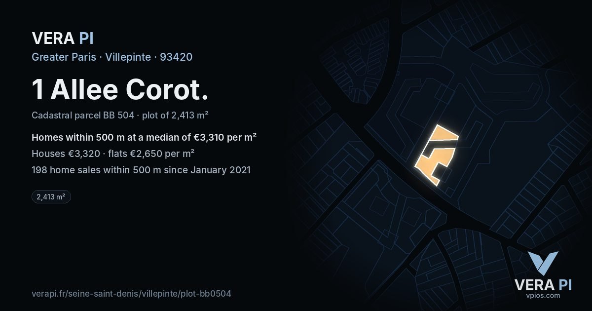 1 Allee Corot, Villepinte at night – the plot lit, the parcels around coloured by the prices near them