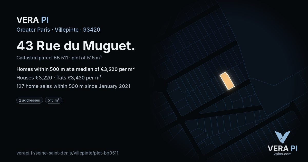 43 Rue du Muguet, Villepinte at night – the plot lit, the parcels around coloured by the prices near them
