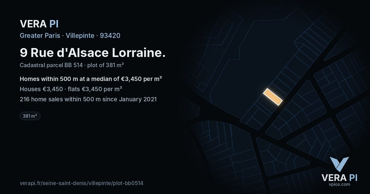 9 Rue d'Alsace Lorraine, Villepinte at night – the plot lit, the parcels around coloured by the prices near them
