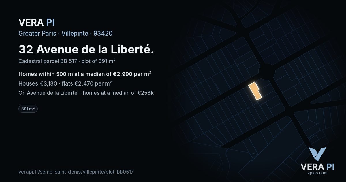 32 Avenue de la Liberté, Villepinte at night – the plot lit, the parcels around coloured by the prices near them