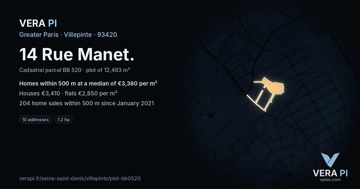 14 Rue Manet, Villepinte at night – the plot lit, the parcels around coloured by the prices near them