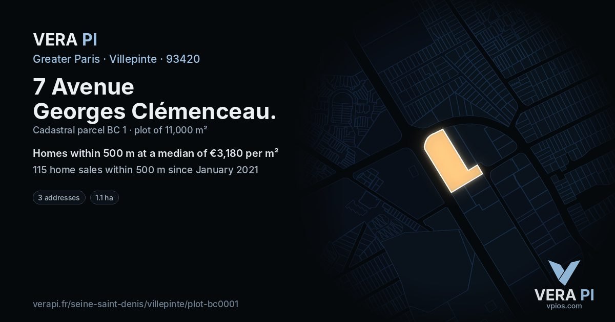 7 Avenue Georges Clémenceau, Villepinte at night – the plot lit, the parcels around coloured by the prices near them