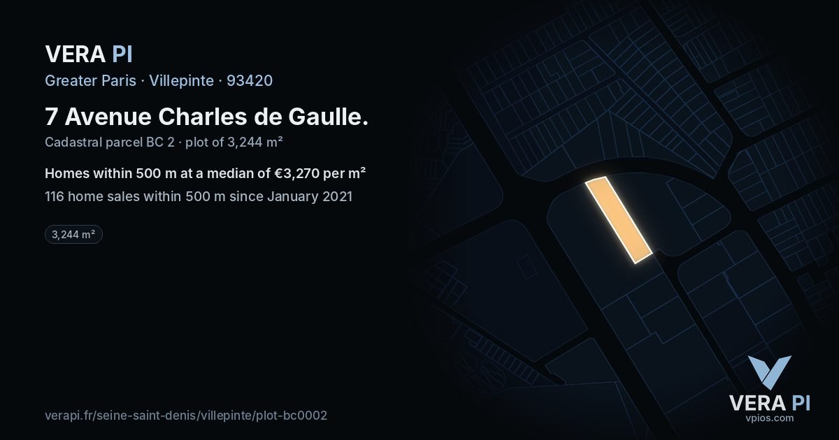 7 Avenue Charles de Gaulle, Villepinte at night – the plot lit, the parcels around coloured by the prices near them