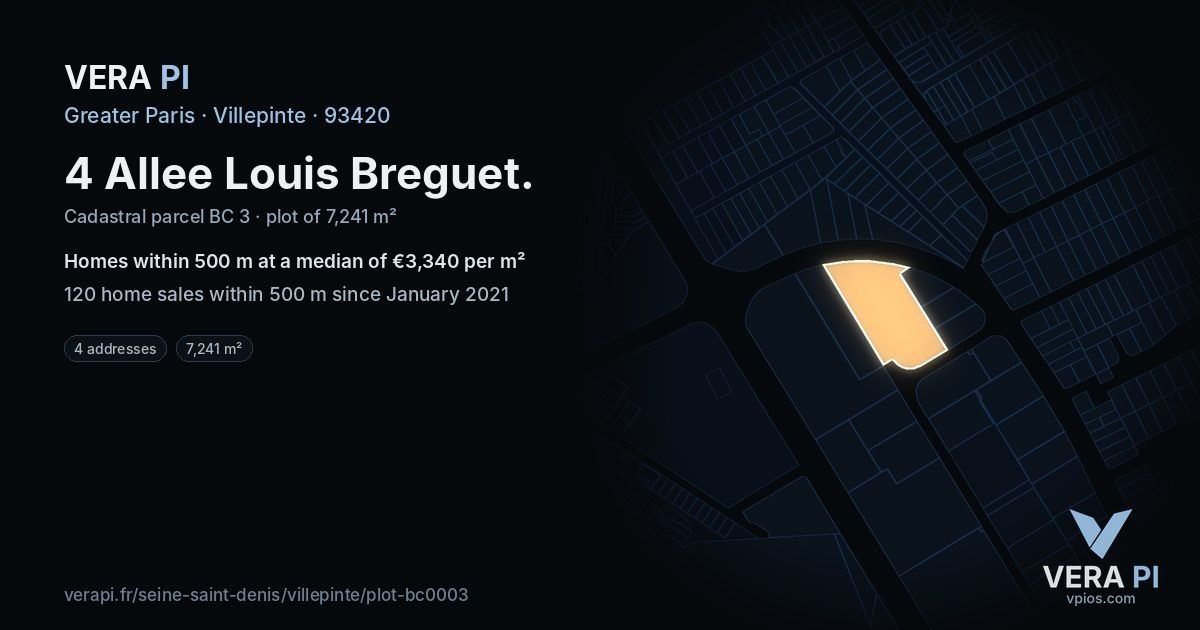 4 Allee Louis Breguet, Villepinte at night – the plot lit, the parcels around coloured by the prices near them