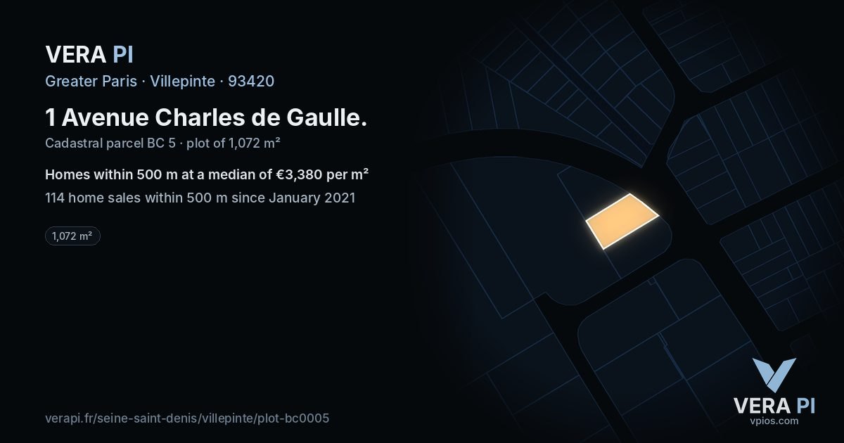 1 Avenue Charles de Gaulle, Villepinte at night – the plot lit, the parcels around coloured by the prices near them