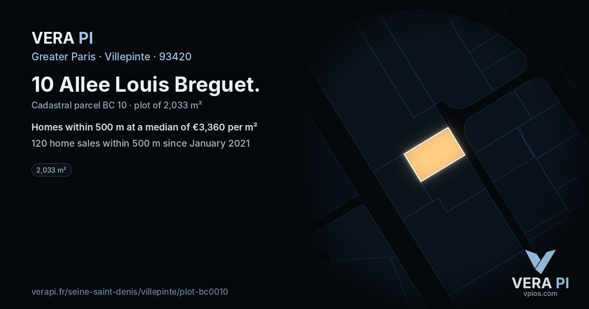 10 Allee Louis Breguet, Villepinte at night – the plot lit, the parcels around coloured by the prices near them