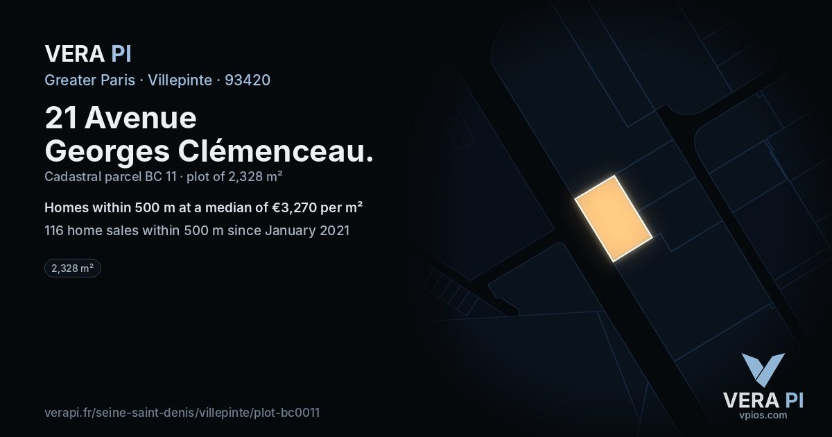 21 Avenue Georges Clémenceau, Villepinte at night – the plot lit, the parcels around coloured by the prices near them