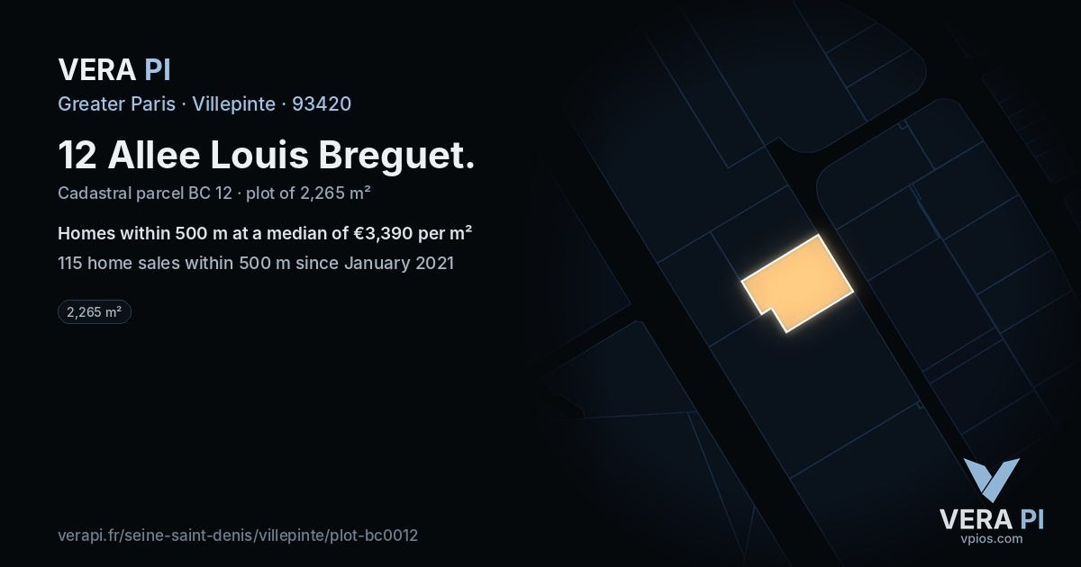 12 Allee Louis Breguet, Villepinte at night – the plot lit, the parcels around coloured by the prices near them