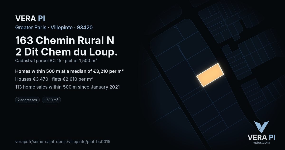 163 Chemin Rural N 2 Dit Chem du Loup, Villepinte at night – the plot lit, the parcels around coloured by the prices near them