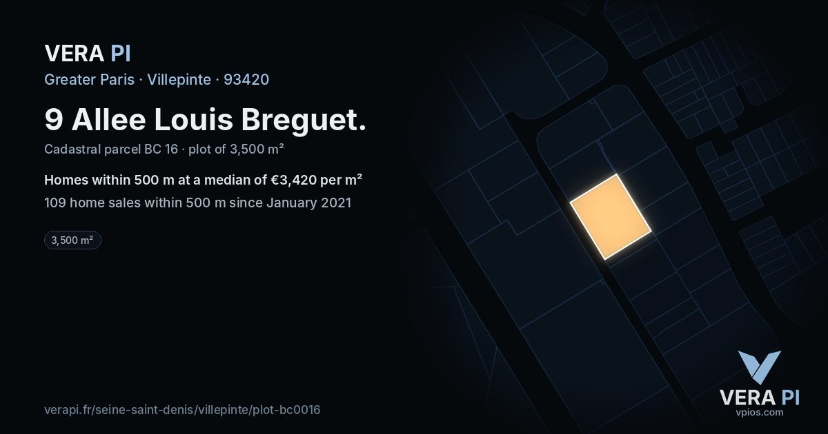 9 Allee Louis Breguet, Villepinte at night – the plot lit, the parcels around coloured by the prices near them
