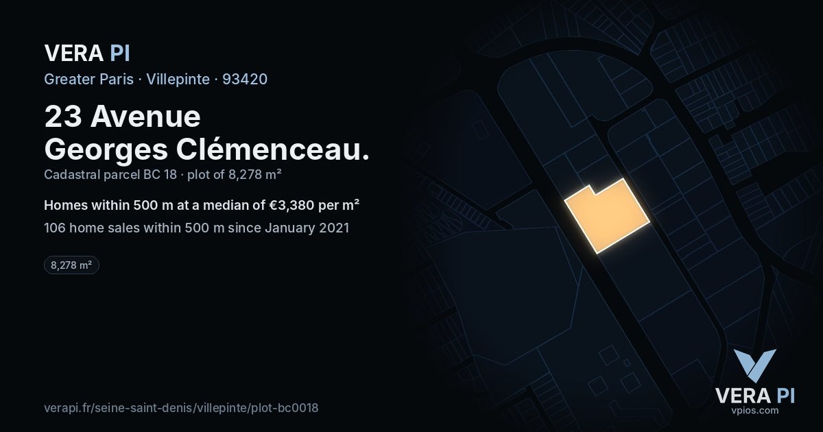 23 Avenue Georges Clémenceau, Villepinte at night – the plot lit, the parcels around coloured by the prices near them