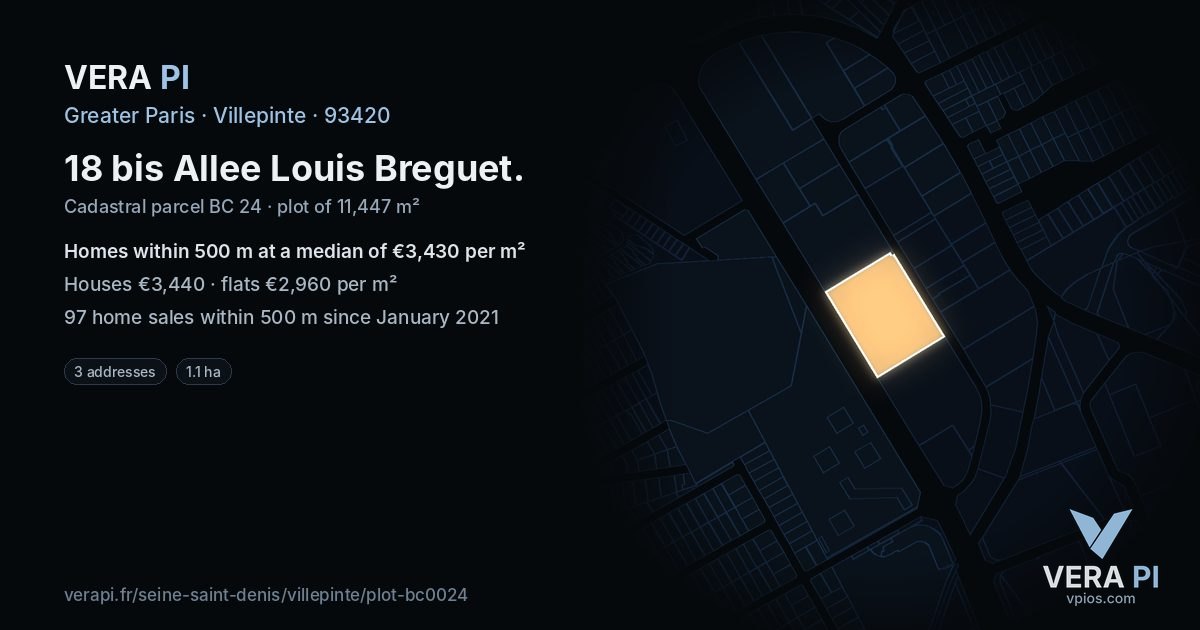 18 bis Allee Louis Breguet, Villepinte at night – the plot lit, the parcels around coloured by the prices near them