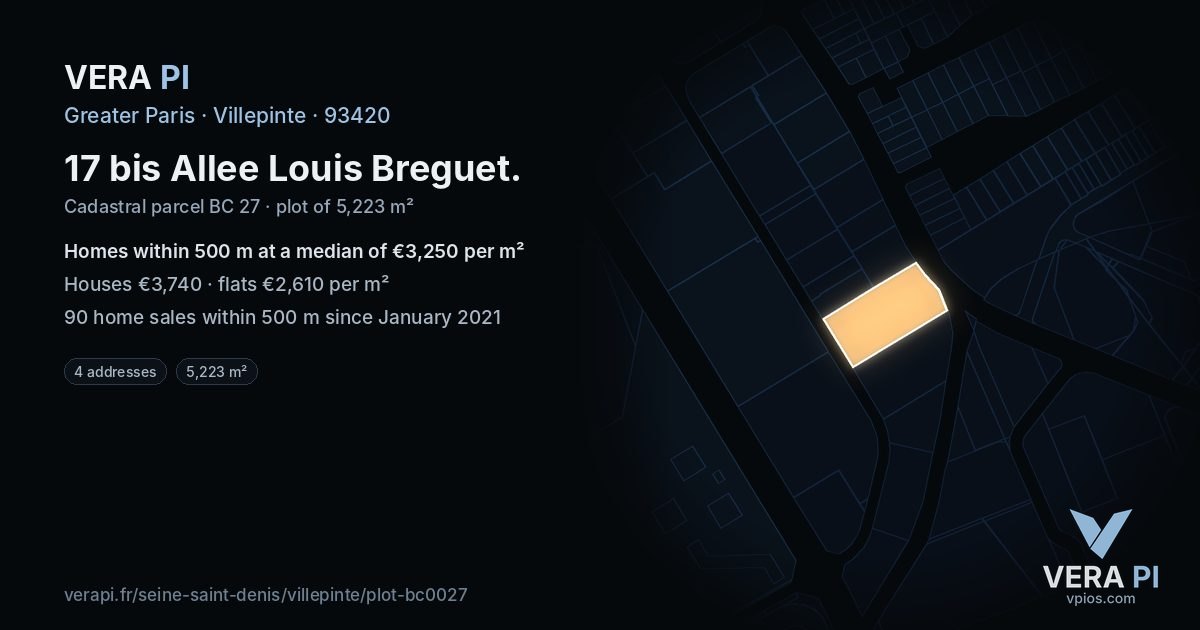 17 bis Allee Louis Breguet, Villepinte at night – the plot lit, the parcels around coloured by the prices near them