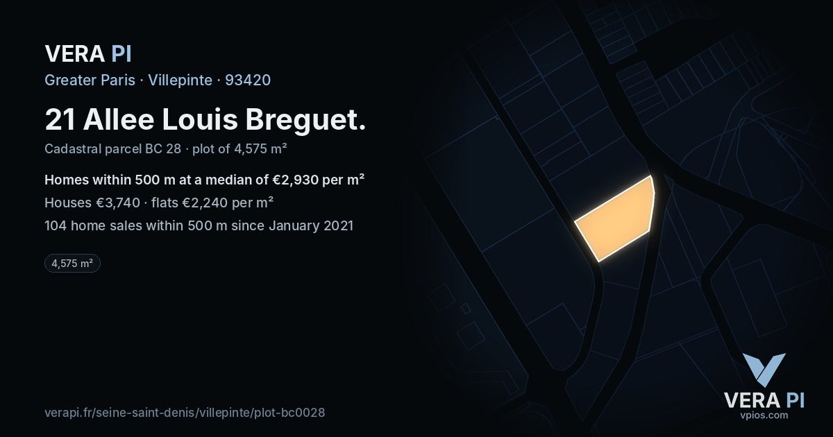 21 Allee Louis Breguet, Villepinte at night – the plot lit, the parcels around coloured by the prices near them
