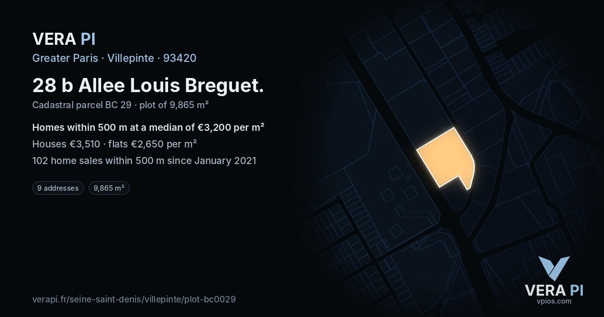 28 b Allee Louis Breguet, Villepinte at night – the plot lit, the parcels around coloured by the prices near them