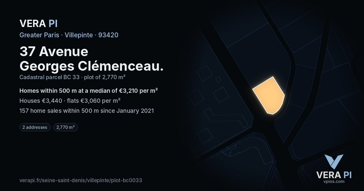 37 Avenue Georges Clémenceau, Villepinte at night – the plot lit, the parcels around coloured by the prices near them