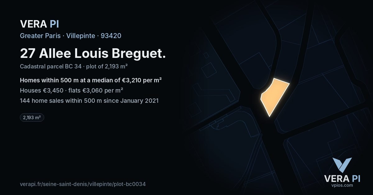 27 Allee Louis Breguet, Villepinte at night – the plot lit, the parcels around coloured by the prices near them