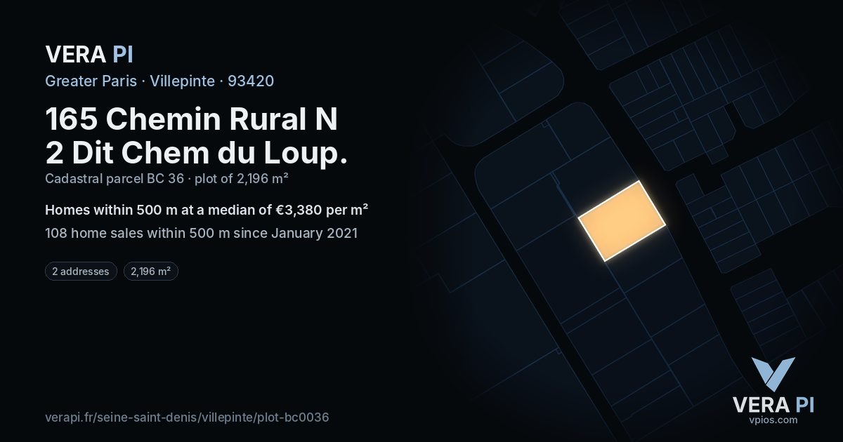 165 Chemin Rural N 2 Dit Chem du Loup, Villepinte at night – the plot lit, the parcels around coloured by the prices near them