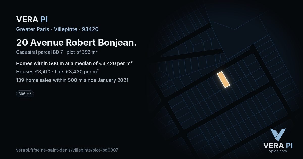 20 Avenue Robert Bonjean, Villepinte at night – the plot lit, the parcels around coloured by the prices near them