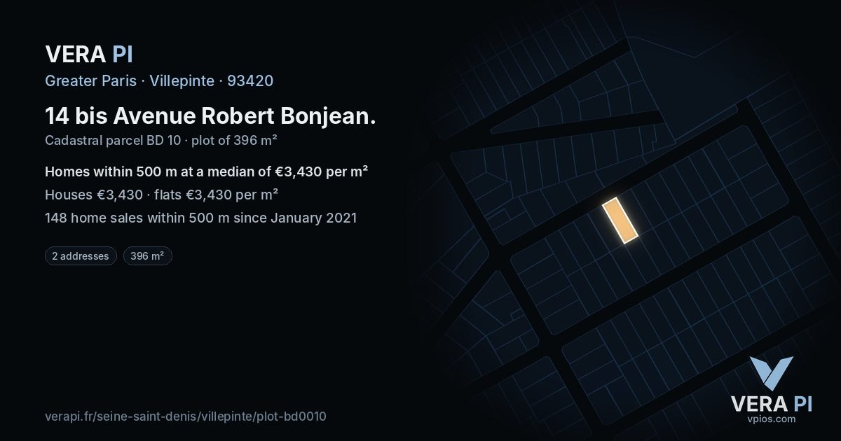 14 bis Avenue Robert Bonjean, Villepinte at night – the plot lit, the parcels around coloured by the prices near them
