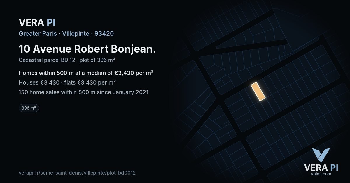 10 Avenue Robert Bonjean, Villepinte at night – the plot lit, the parcels around coloured by the prices near them