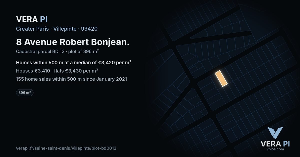 8 Avenue Robert Bonjean, Villepinte at night – the plot lit, the parcels around coloured by the prices near them