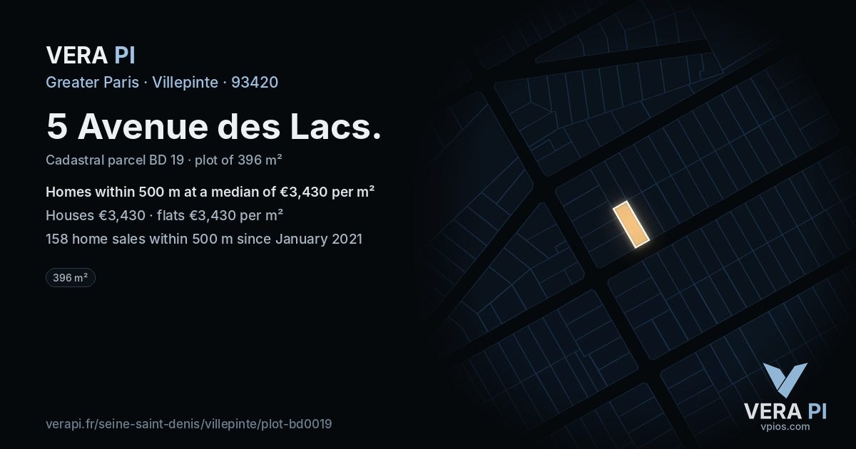 5 Avenue des Lacs, Villepinte at night – the plot lit, the parcels around coloured by the prices near them