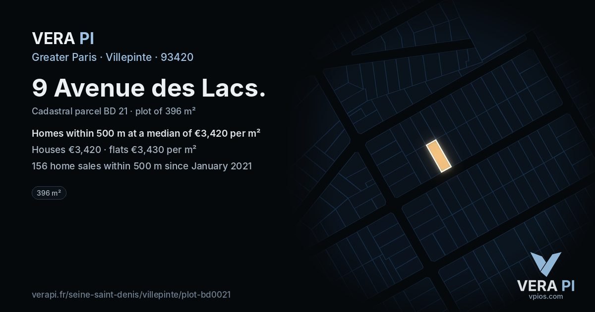 9 Avenue des Lacs, Villepinte at night – the plot lit, the parcels around coloured by the prices near them