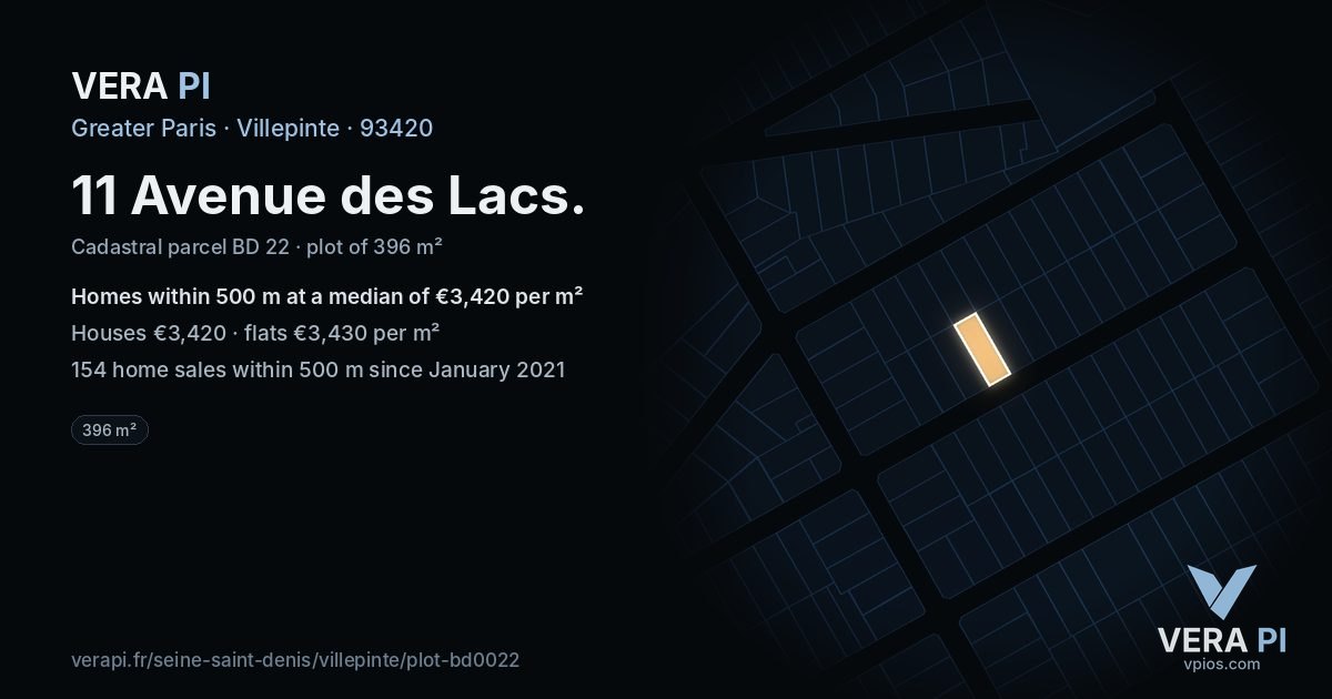 11 Avenue des Lacs, Villepinte at night – the plot lit, the parcels around coloured by the prices near them