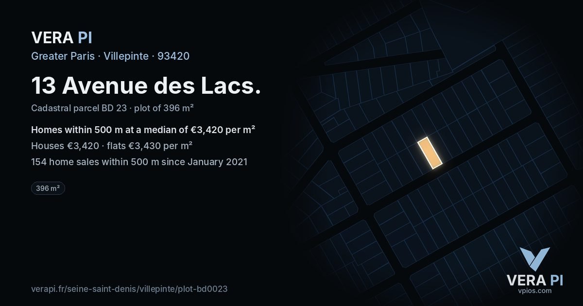 13 Avenue des Lacs, Villepinte at night – the plot lit, the parcels around coloured by the prices near them