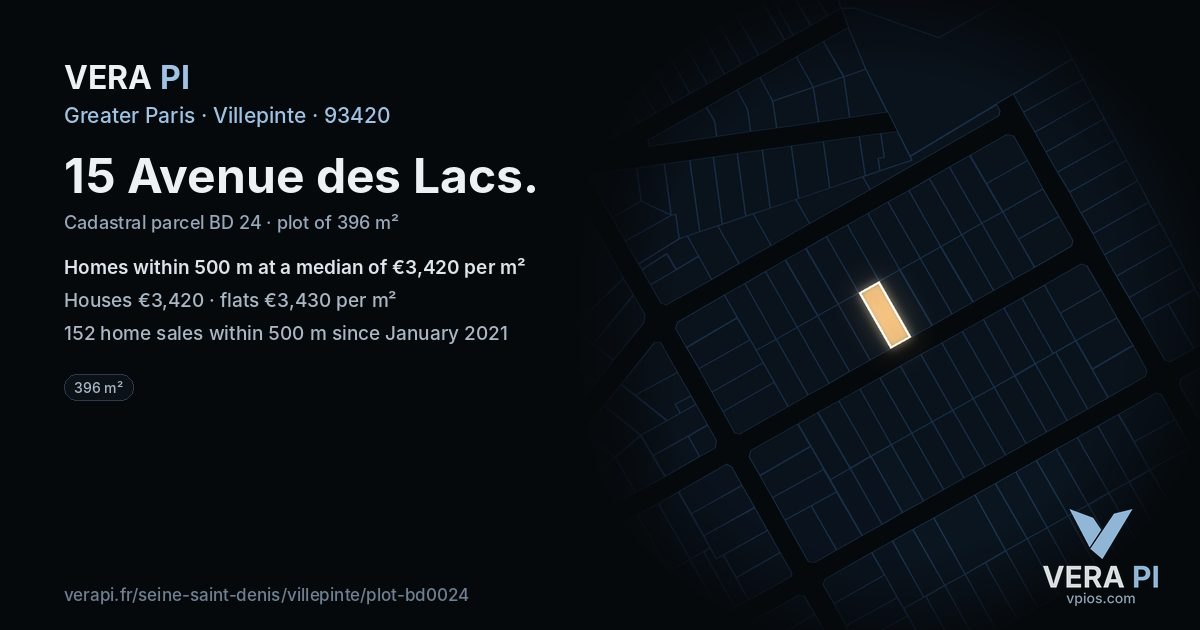 15 Avenue des Lacs, Villepinte at night – the plot lit, the parcels around coloured by the prices near them