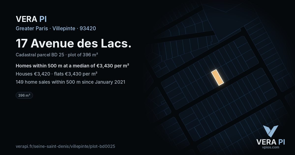 17 Avenue des Lacs, Villepinte at night – the plot lit, the parcels around coloured by the prices near them