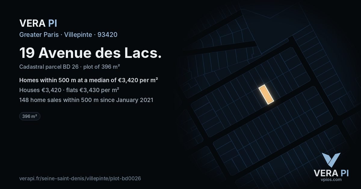 19 Avenue des Lacs, Villepinte at night – the plot lit, the parcels around coloured by the prices near them