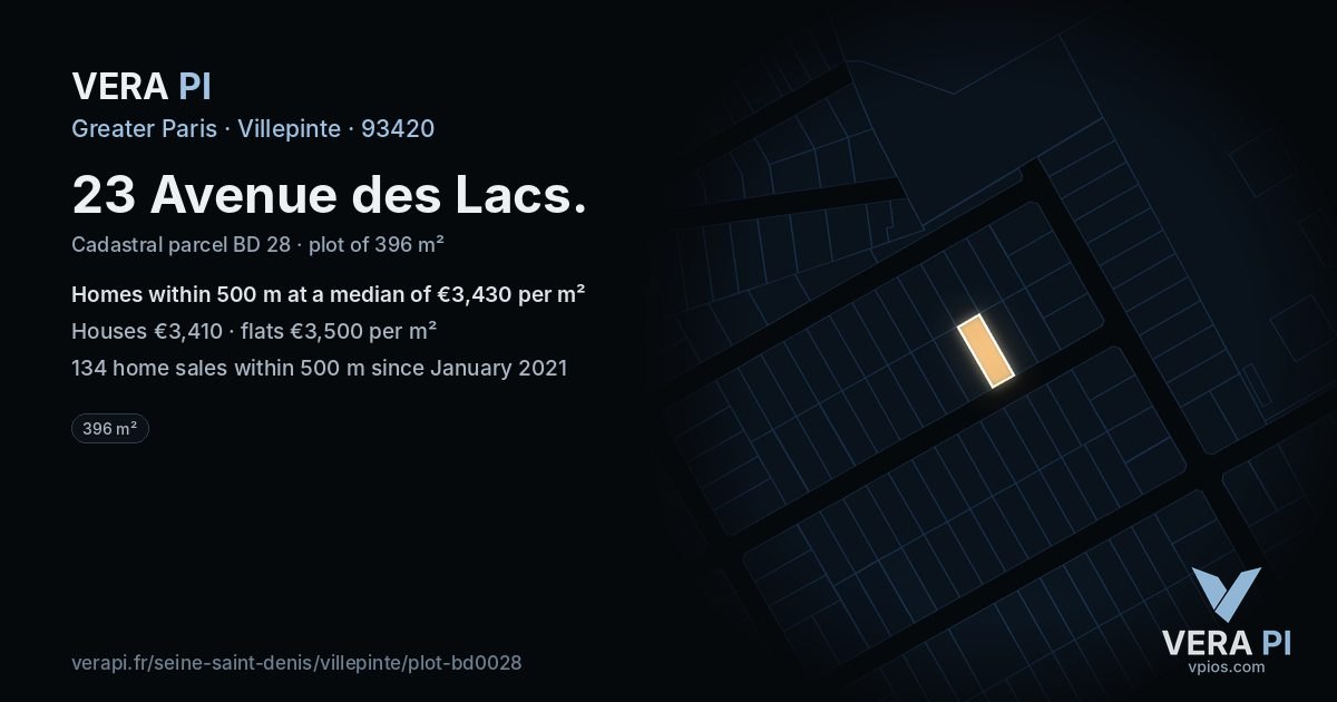 23 Avenue des Lacs, Villepinte at night – the plot lit, the parcels around coloured by the prices near them