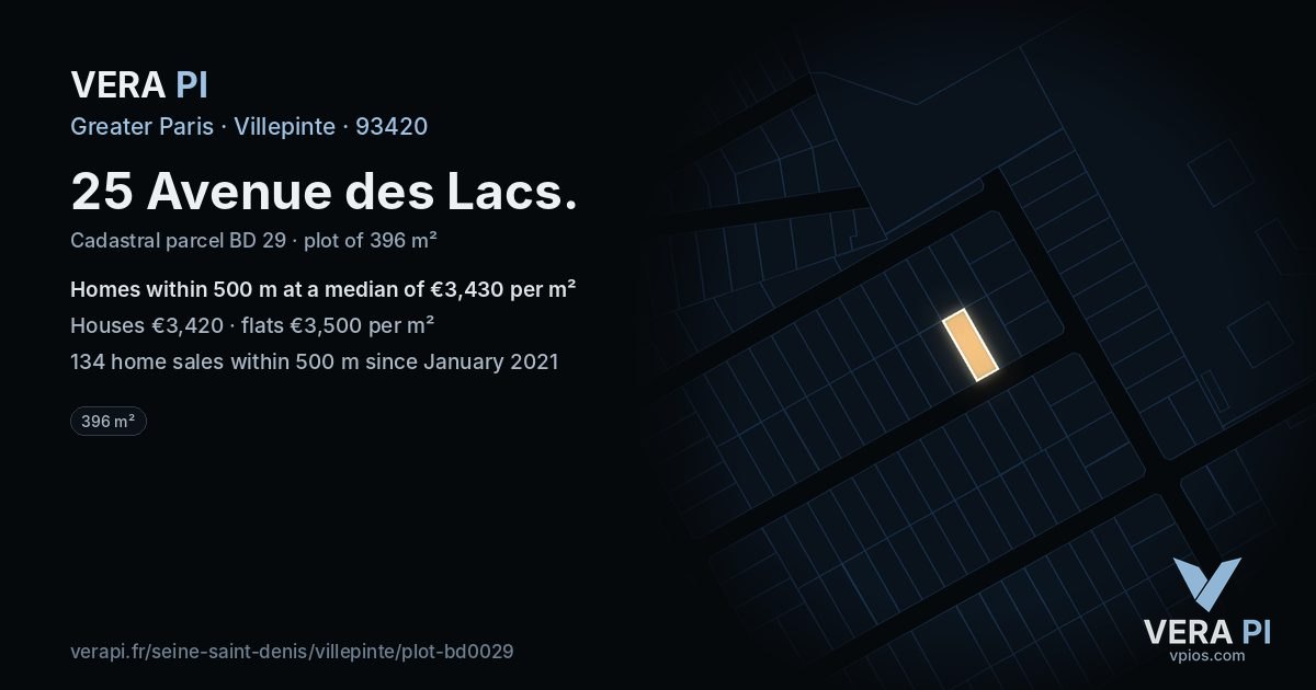 25 Avenue des Lacs, Villepinte at night – the plot lit, the parcels around coloured by the prices near them
