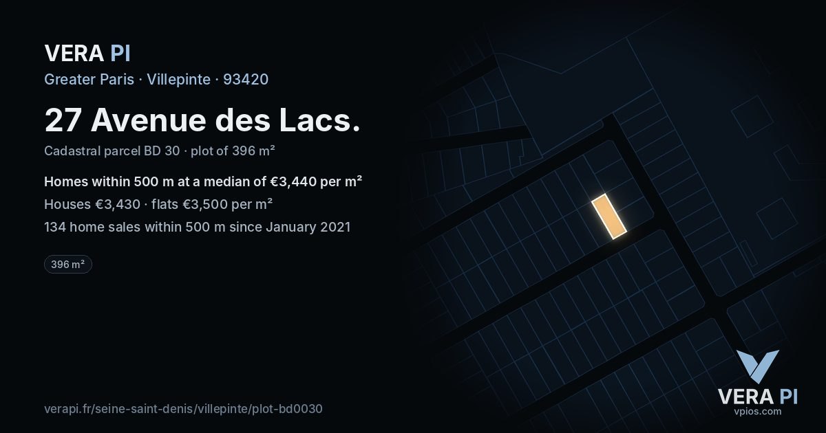 27 Avenue des Lacs, Villepinte at night – the plot lit, the parcels around coloured by the prices near them