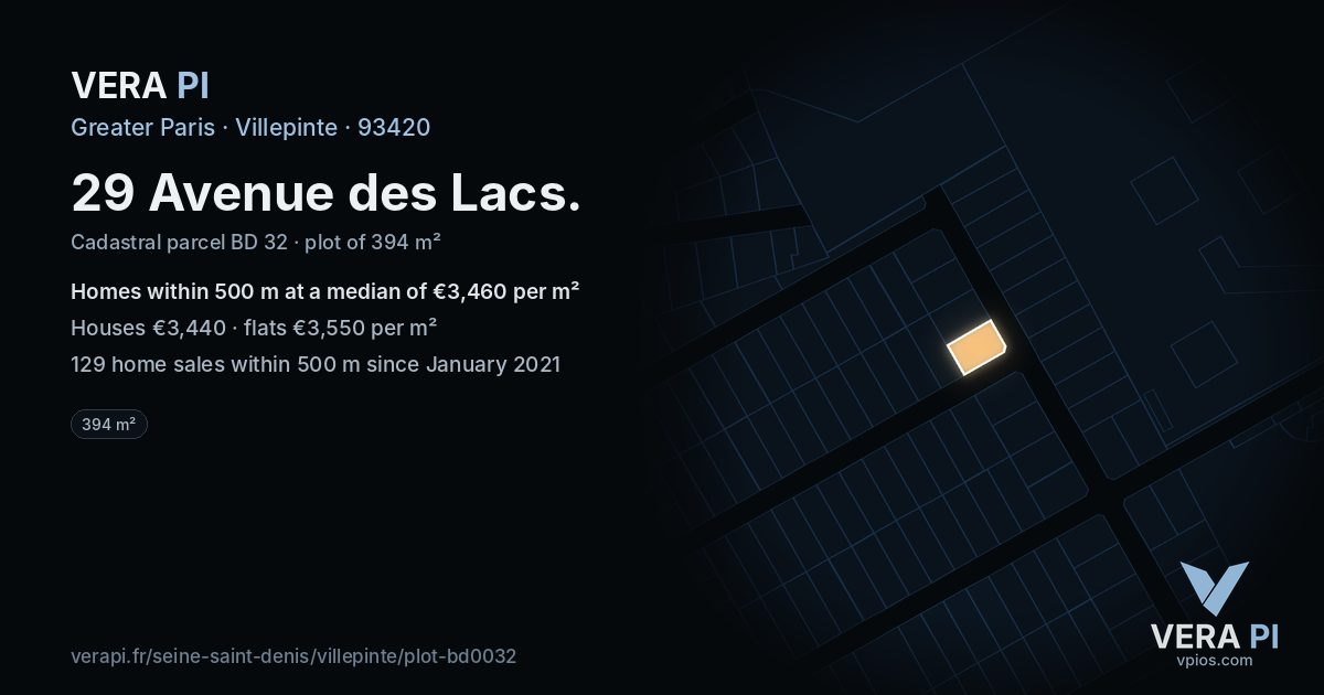 29 Avenue des Lacs, Villepinte at night – the plot lit, the parcels around coloured by the prices near them