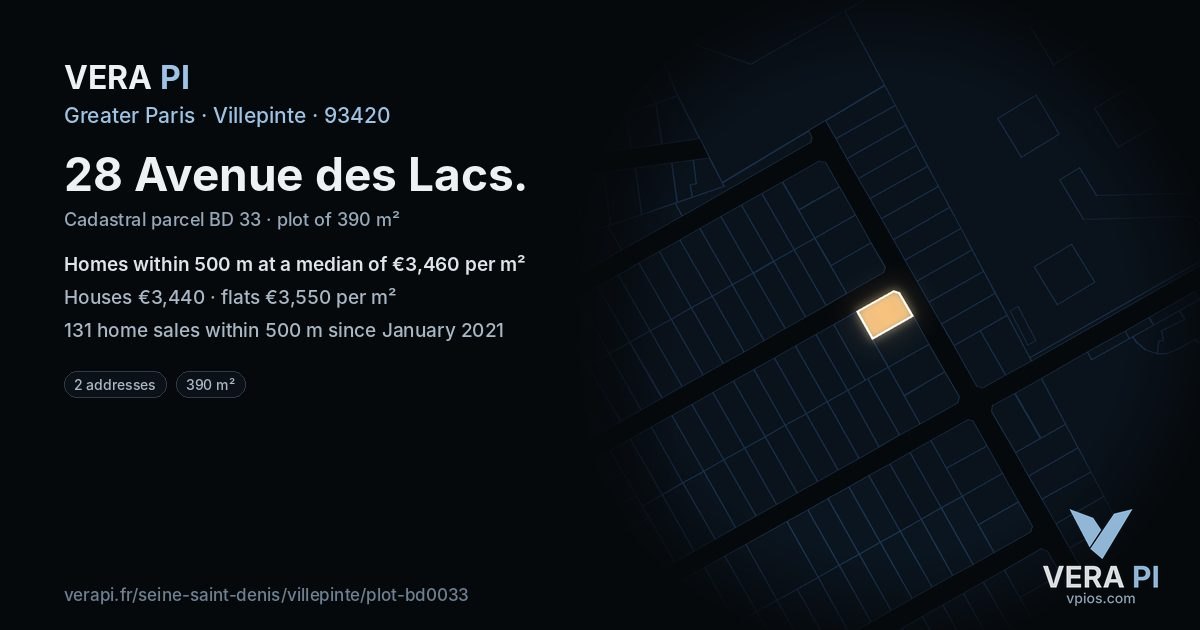 28 Avenue des Lacs, Villepinte at night – the plot lit, the parcels around coloured by the prices near them