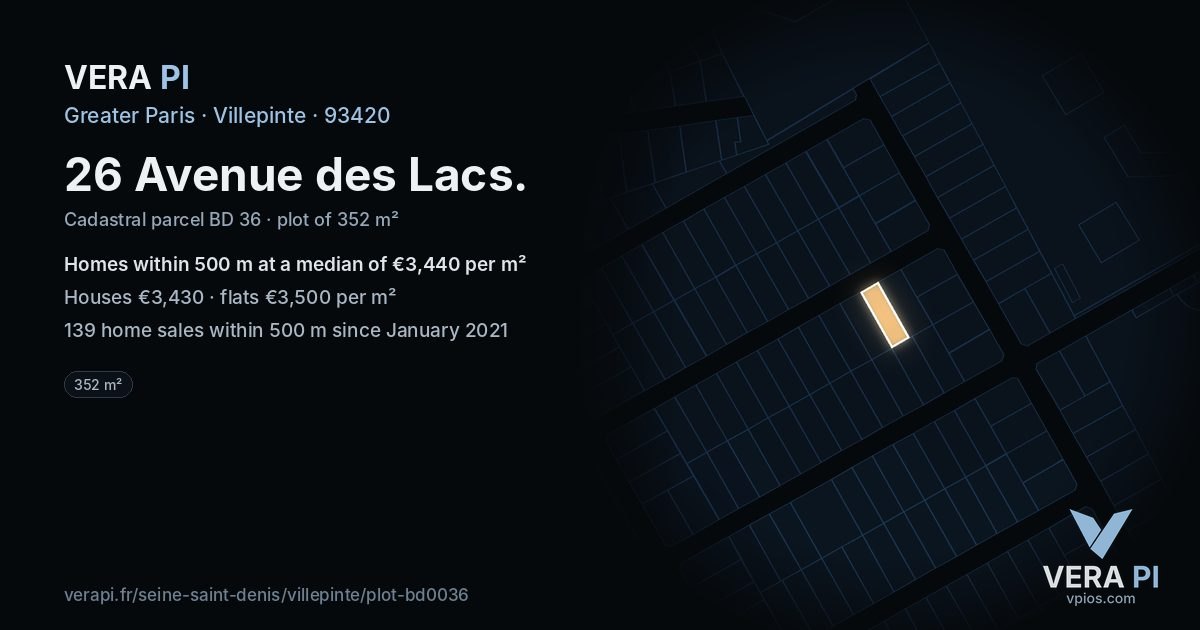 26 Avenue des Lacs, Villepinte at night – the plot lit, the parcels around coloured by the prices near them