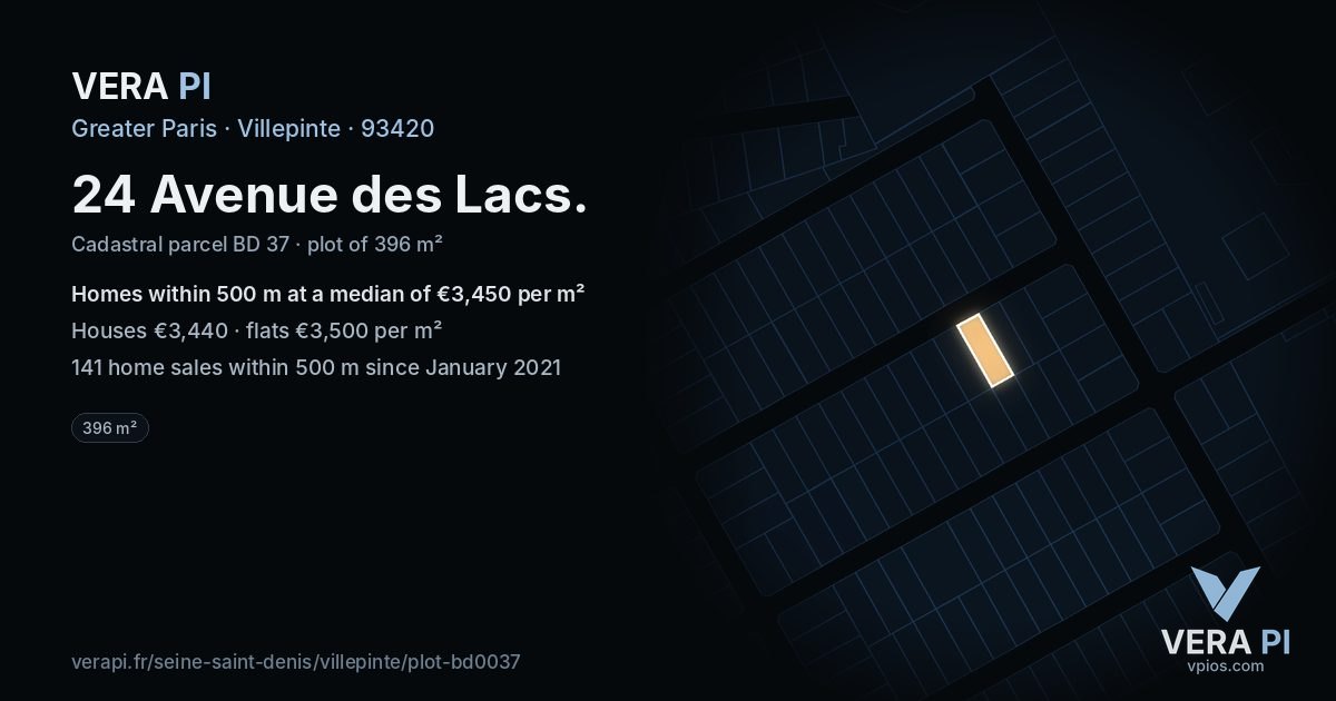 24 Avenue des Lacs, Villepinte at night – the plot lit, the parcels around coloured by the prices near them
