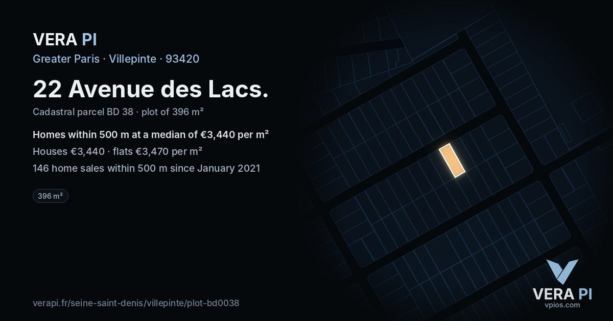 22 Avenue des Lacs, Villepinte at night – the plot lit, the parcels around coloured by the prices near them