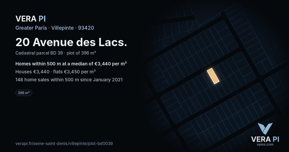 20 Avenue des Lacs, Villepinte at night – the plot lit, the parcels around coloured by the prices near them