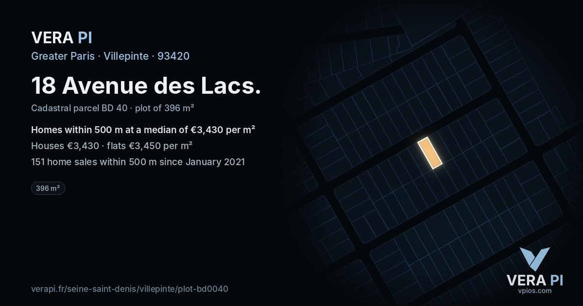 18 Avenue des Lacs, Villepinte at night – the plot lit, the parcels around coloured by the prices near them