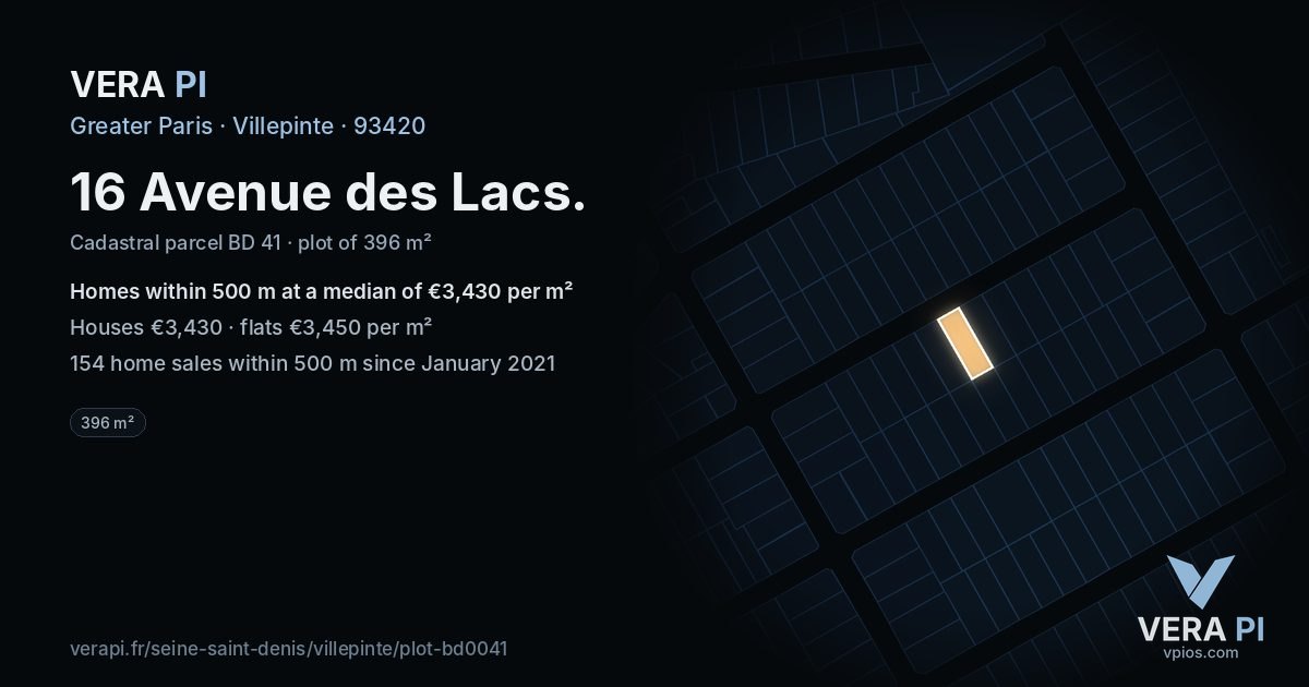 16 Avenue des Lacs, Villepinte at night – the plot lit, the parcels around coloured by the prices near them