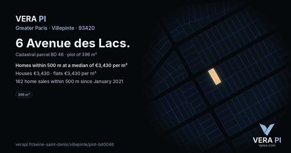 6 Avenue des Lacs, Villepinte at night – the plot lit, the parcels around coloured by the prices near them
