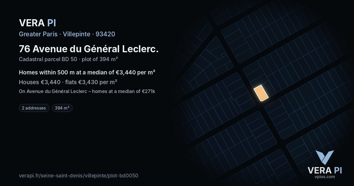 76 Avenue du Général Leclerc, Villepinte at night – the plot lit, the parcels around coloured by the prices near them