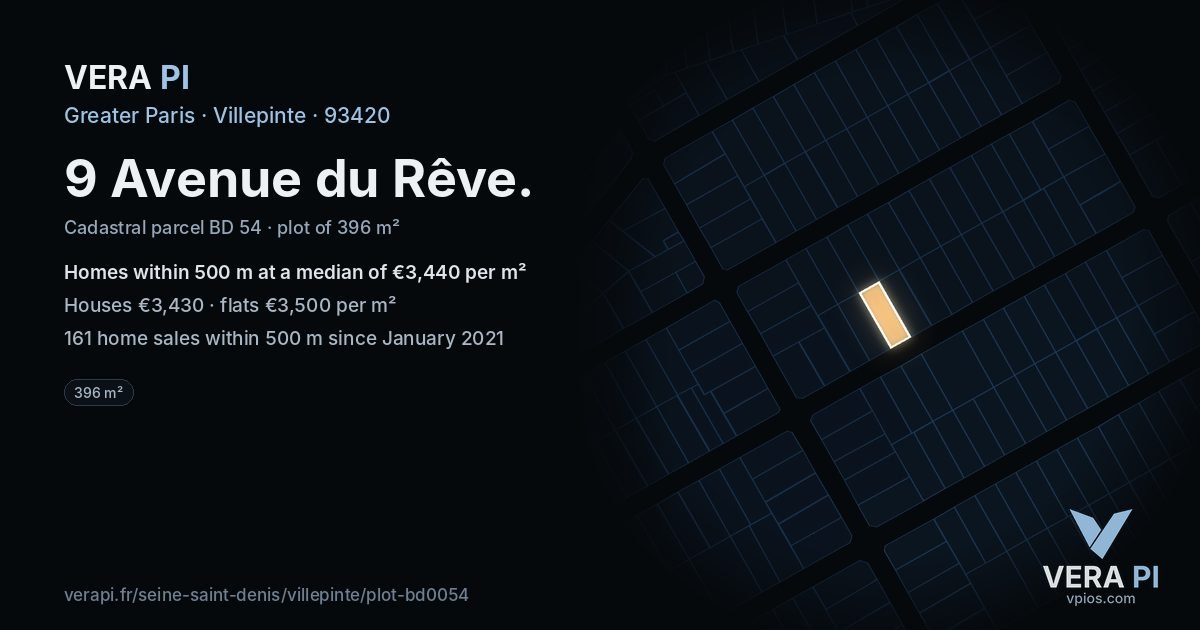 9 Avenue du Rêve, Villepinte at night – the plot lit, the parcels around coloured by the prices near them