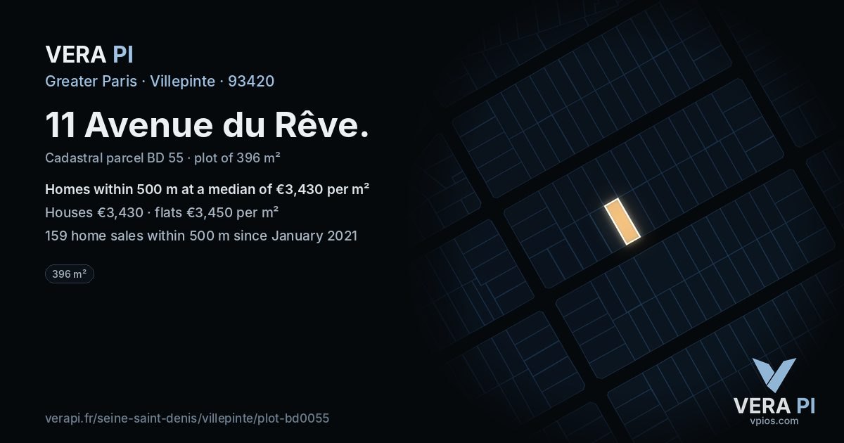 11 Avenue du Rêve, Villepinte at night – the plot lit, the parcels around coloured by the prices near them