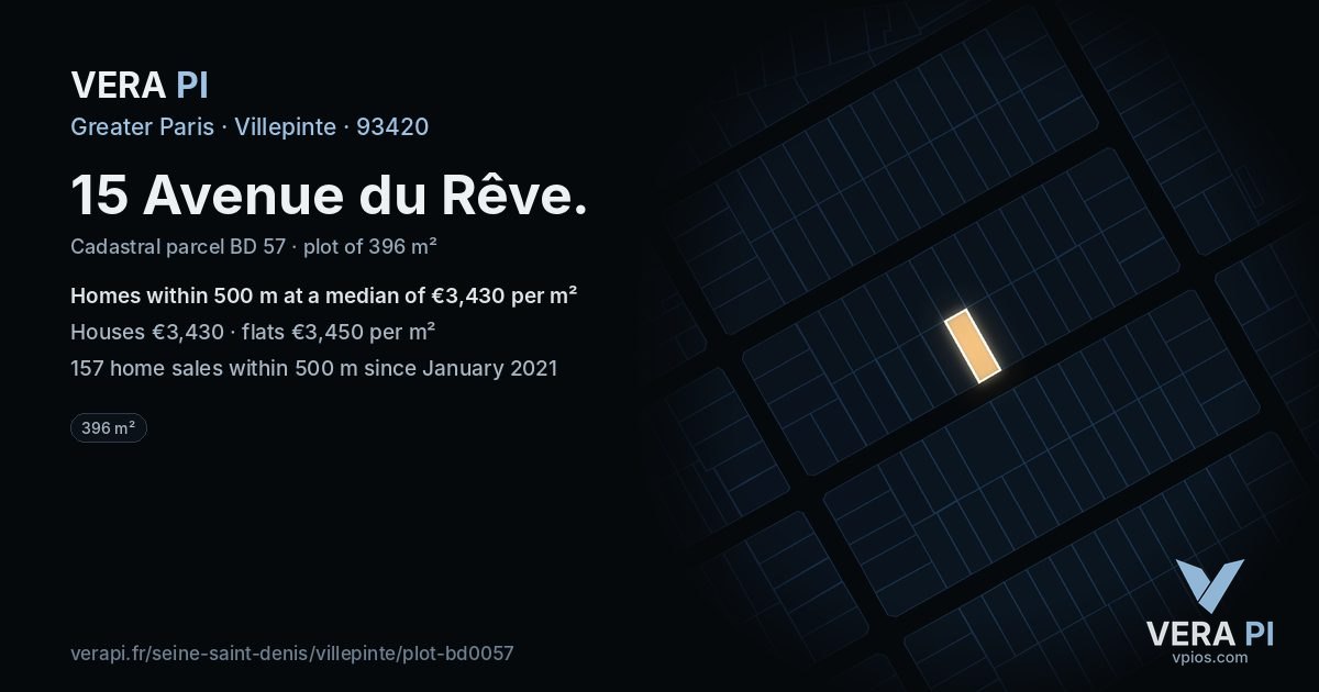 15 Avenue du Rêve, Villepinte at night – the plot lit, the parcels around coloured by the prices near them