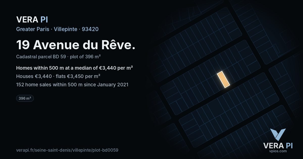 19 Avenue du Rêve, Villepinte at night – the plot lit, the parcels around coloured by the prices near them